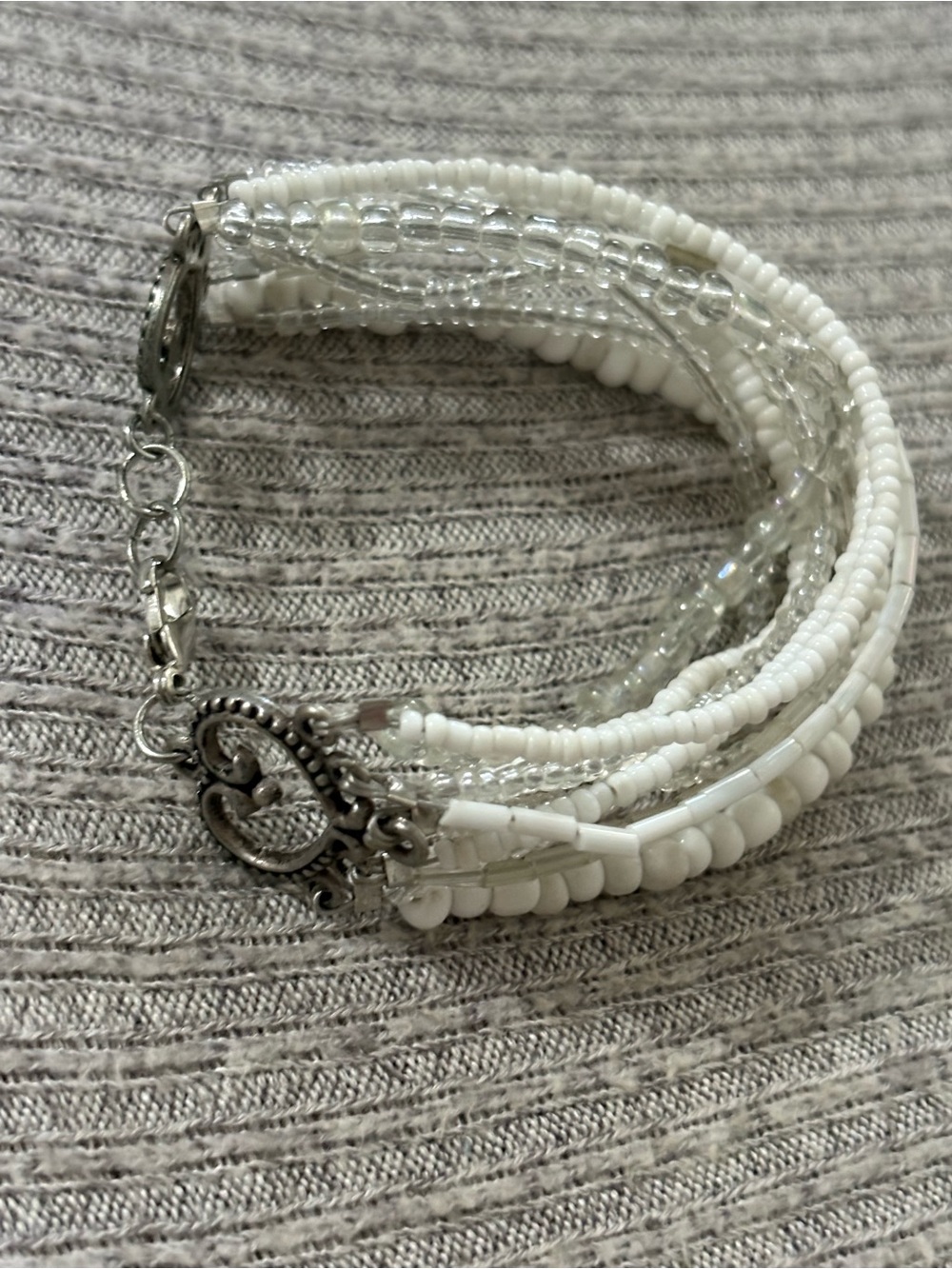 Vintage silver tone multilayered white & clear beaded bracelet